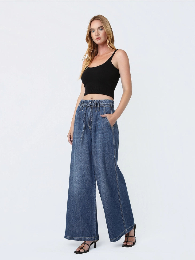 Super High Rise Waist Tie Long Wide Jeans W Pleats