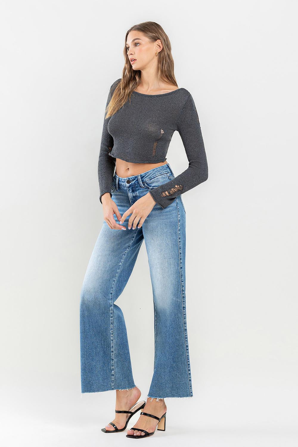 VERVET by FLYING MONKEY Mid Rise Ankle Raw Hem Wide Leg Jeans