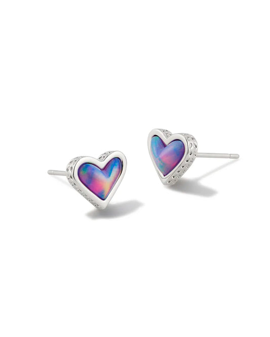 KENDRA SCOTT Framed Ari Heart Silver Stud Earrings in Lilac Opalescent Resin