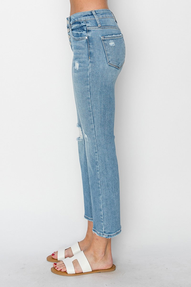 RISEN MID RISE BUTTON DOWN CROPPED FLARE JEANS