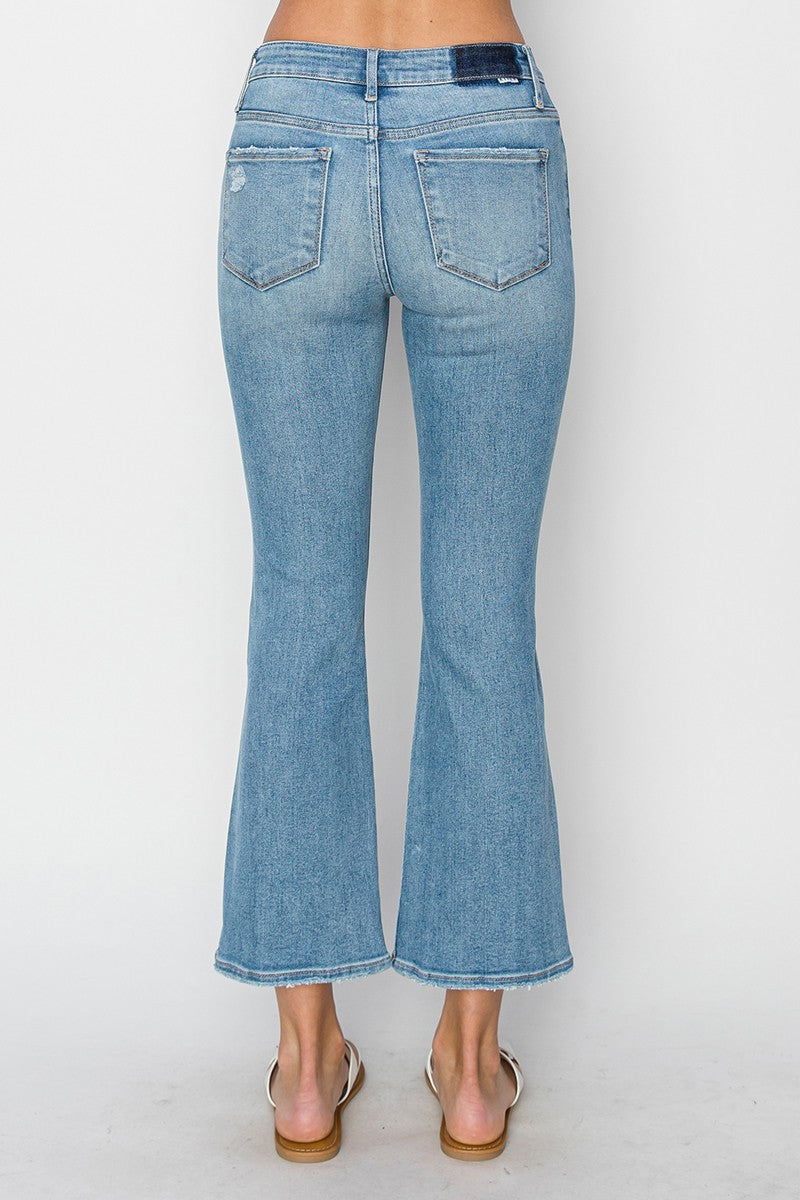 RISEN MID RISE BUTTON DOWN CROPPED FLARE JEANS
