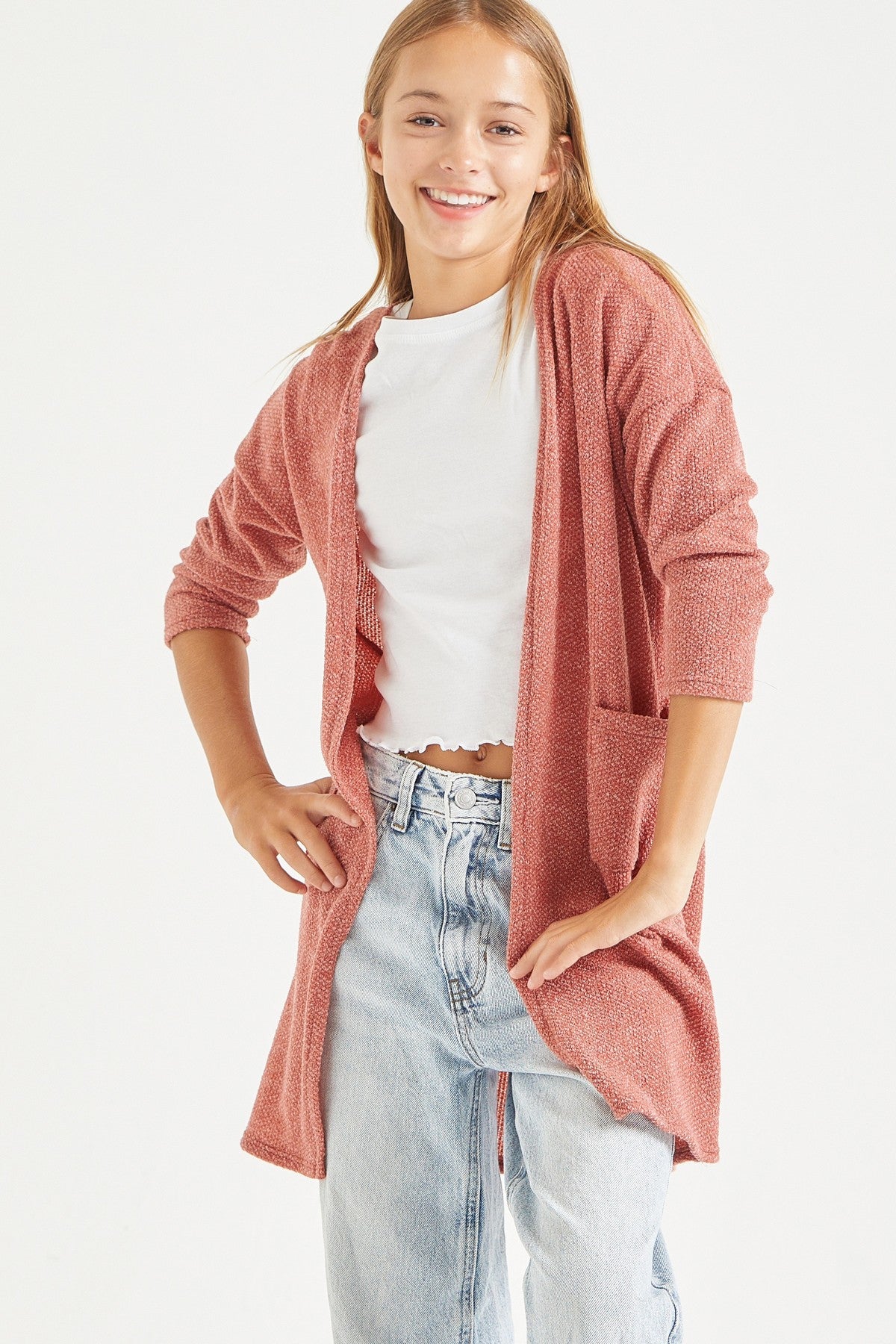 Open Front Popcorn Knit Cardigan
