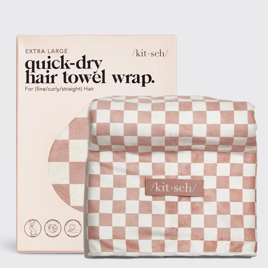 KITSCH Extra Large Quick-Dry Hair Towel Wrap- Terracotta Checker