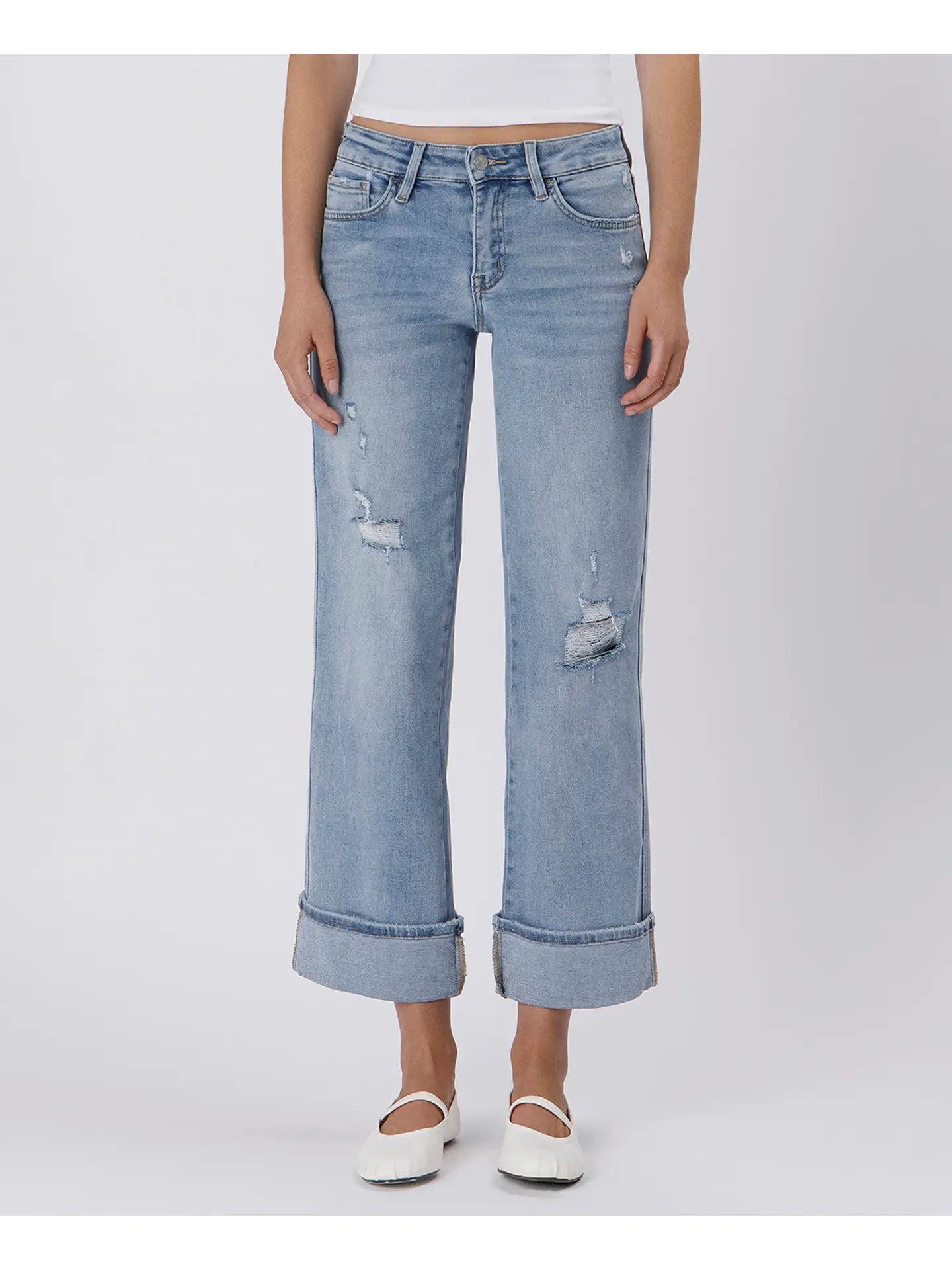 Mid Rise Cuffed Ankle Wide Jeans Lovervet by VERVET