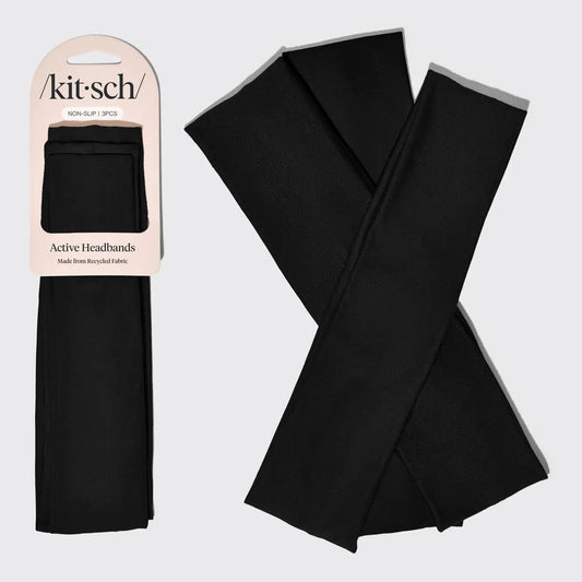 KITSCH Recycled Fabric Active Headbands 3pc Set- Black