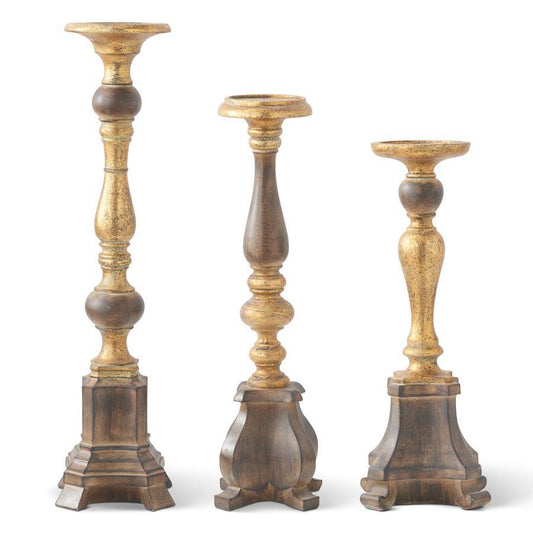 Resin Antique Gold & Wood Tone Candleholder