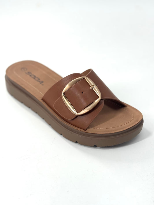 Delight Big Buckle Strap Semi Platform Sandals in Tan