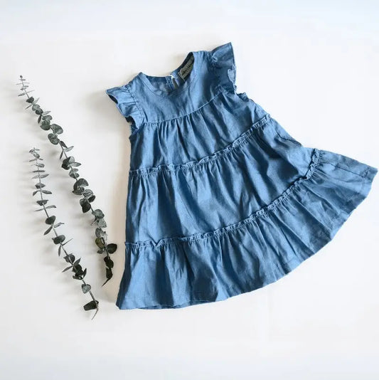 Georgie Tiered Flutter Sleeve Dress - Light Denim