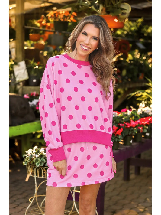 Printed Terry Skort Set- Pink/Magenta Polka Dot