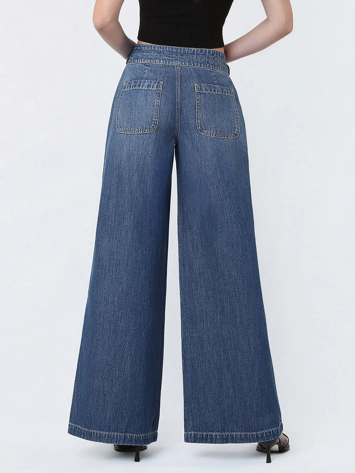 Super High Rise Waist Tie Long Wide Jeans W Pleats
