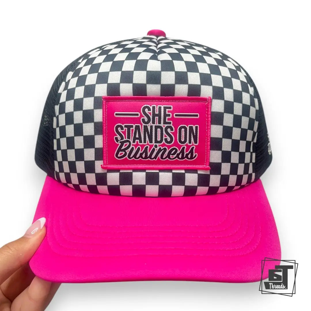 Pink Checkered Stand On Business Cap