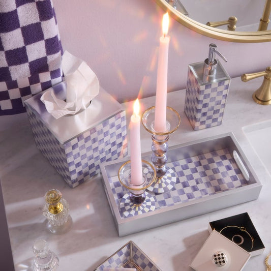 Violet Check Small Glass Candlestick