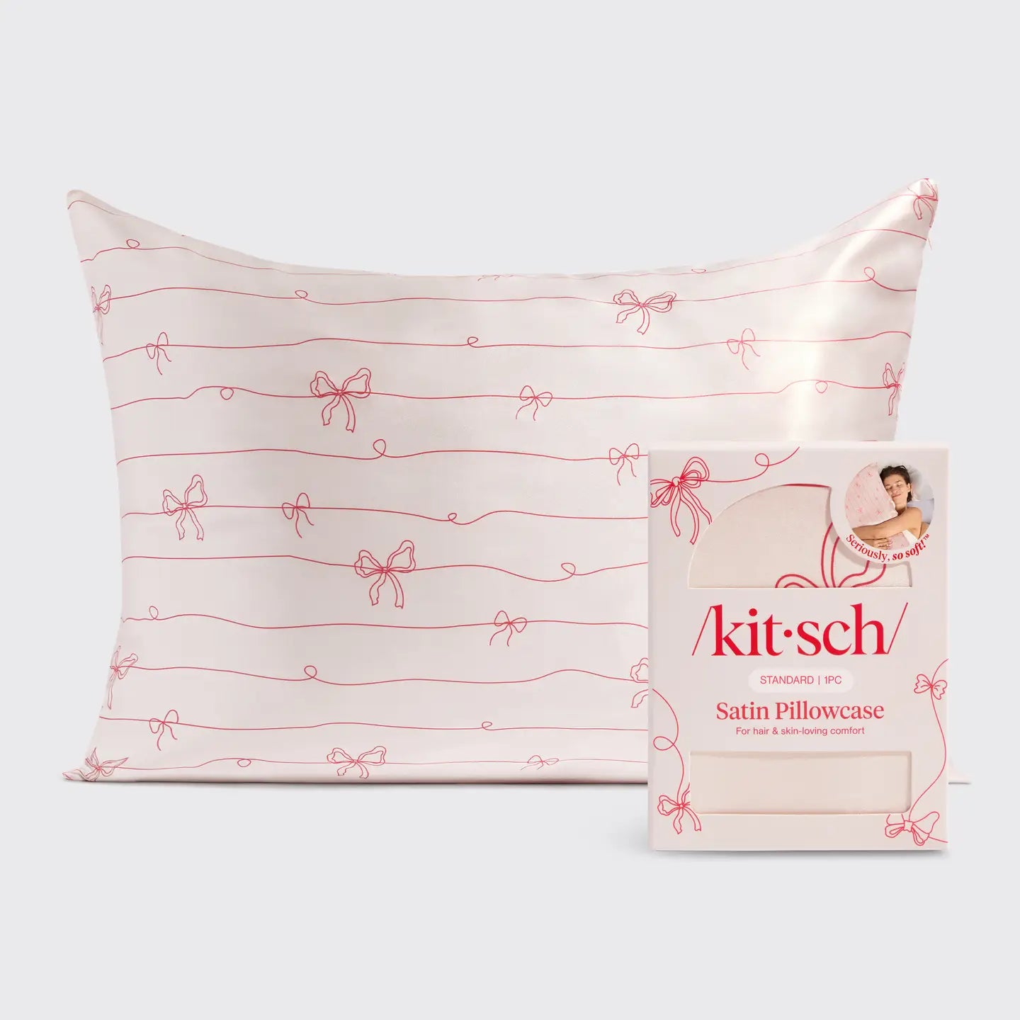 KITSCH Holiday Satin Pillowcase in Striped Bows