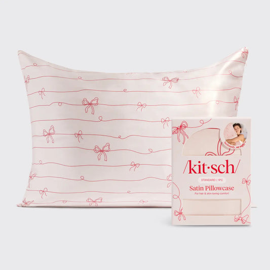 KITSCH Holiday Satin Pillowcase in Striped Bows