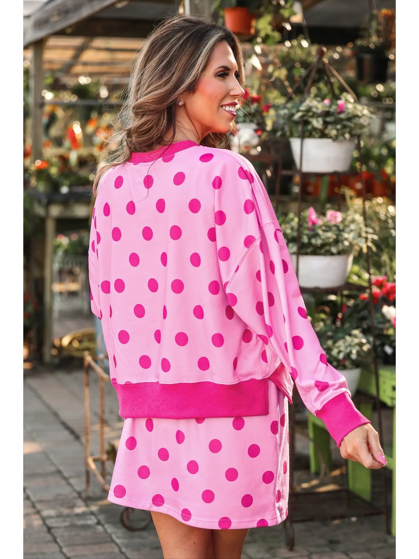 Printed Terry Skort Set- Pink/Magenta Polka Dot