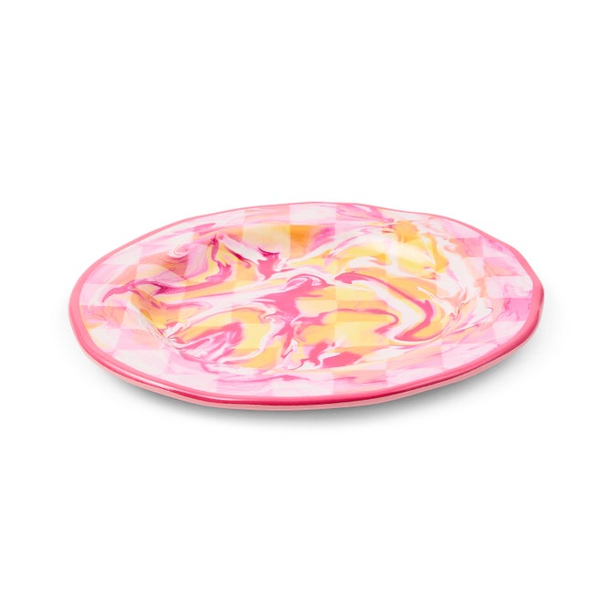 Pink Marble Check Melamine Dinner Plates, Set of 4
