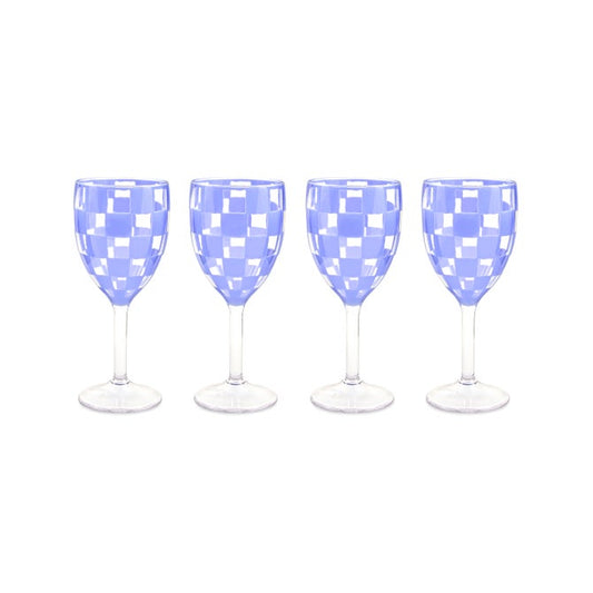 Blue Check Acrylic Wine Goblets, Set of 4