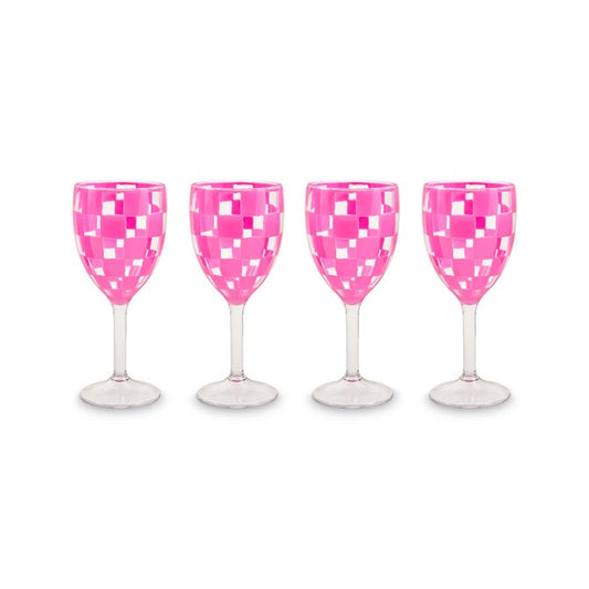 Pink Check Acrylic Wine Goblets, Set of 4
