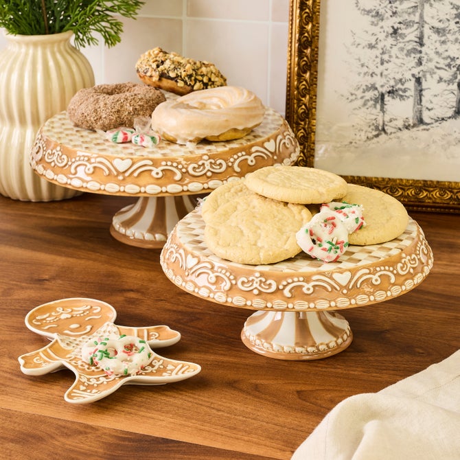 Mocha Check Gingerbread Large Pedestal Platter