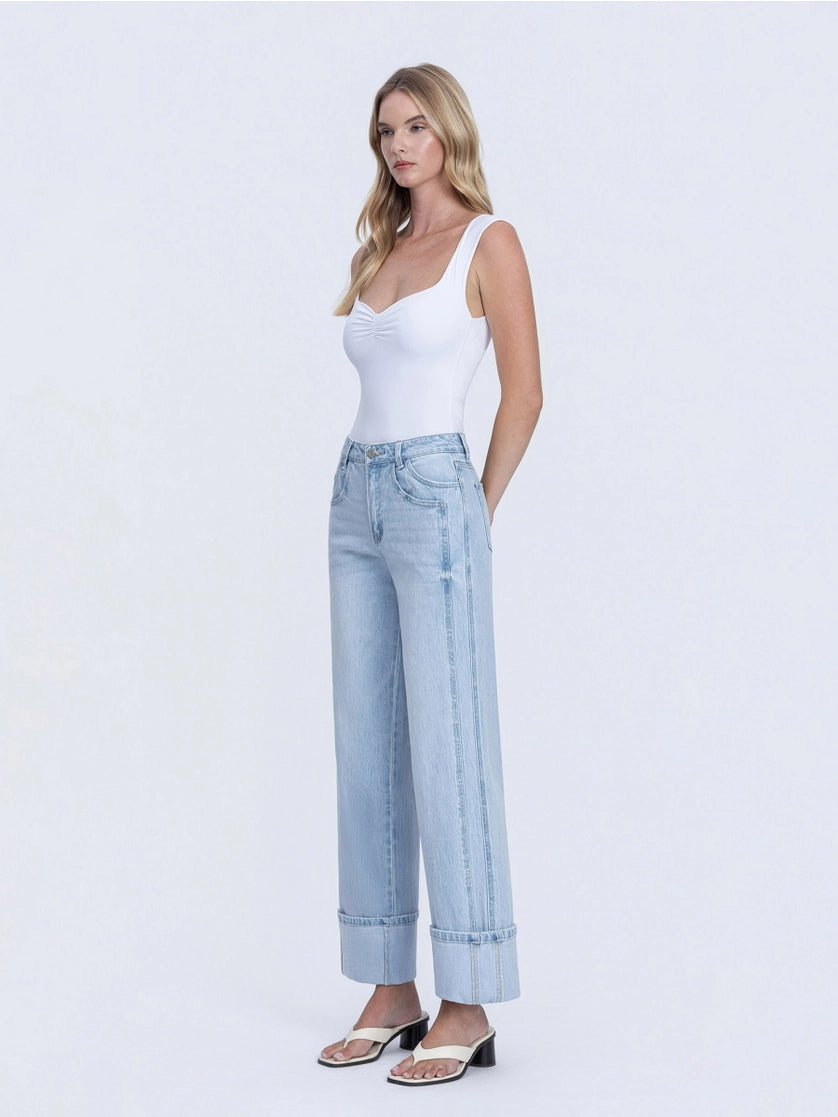 VERVET by FLYING MONKEY Super High Rise Light Wash Cuffed Baggy Wide Jeans