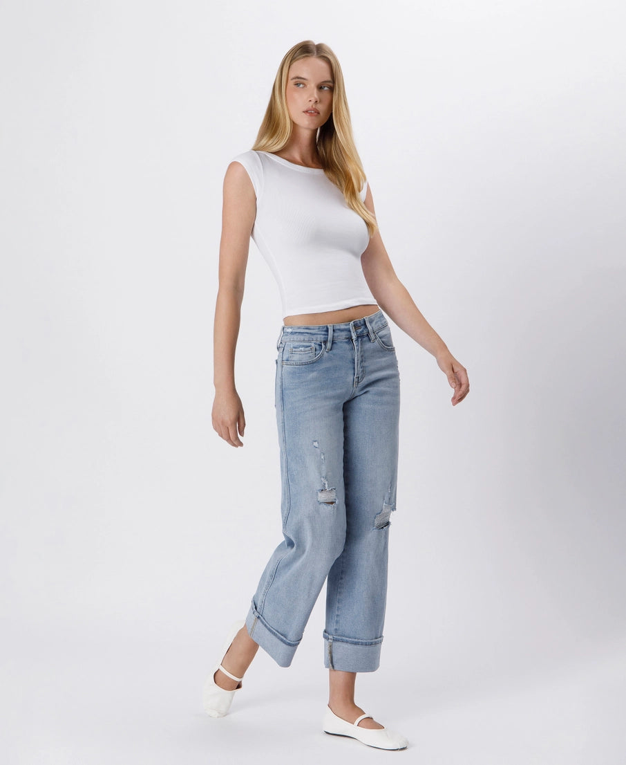 Mid Rise Cuffed Ankle Wide Jeans Lovervet by VERVET
