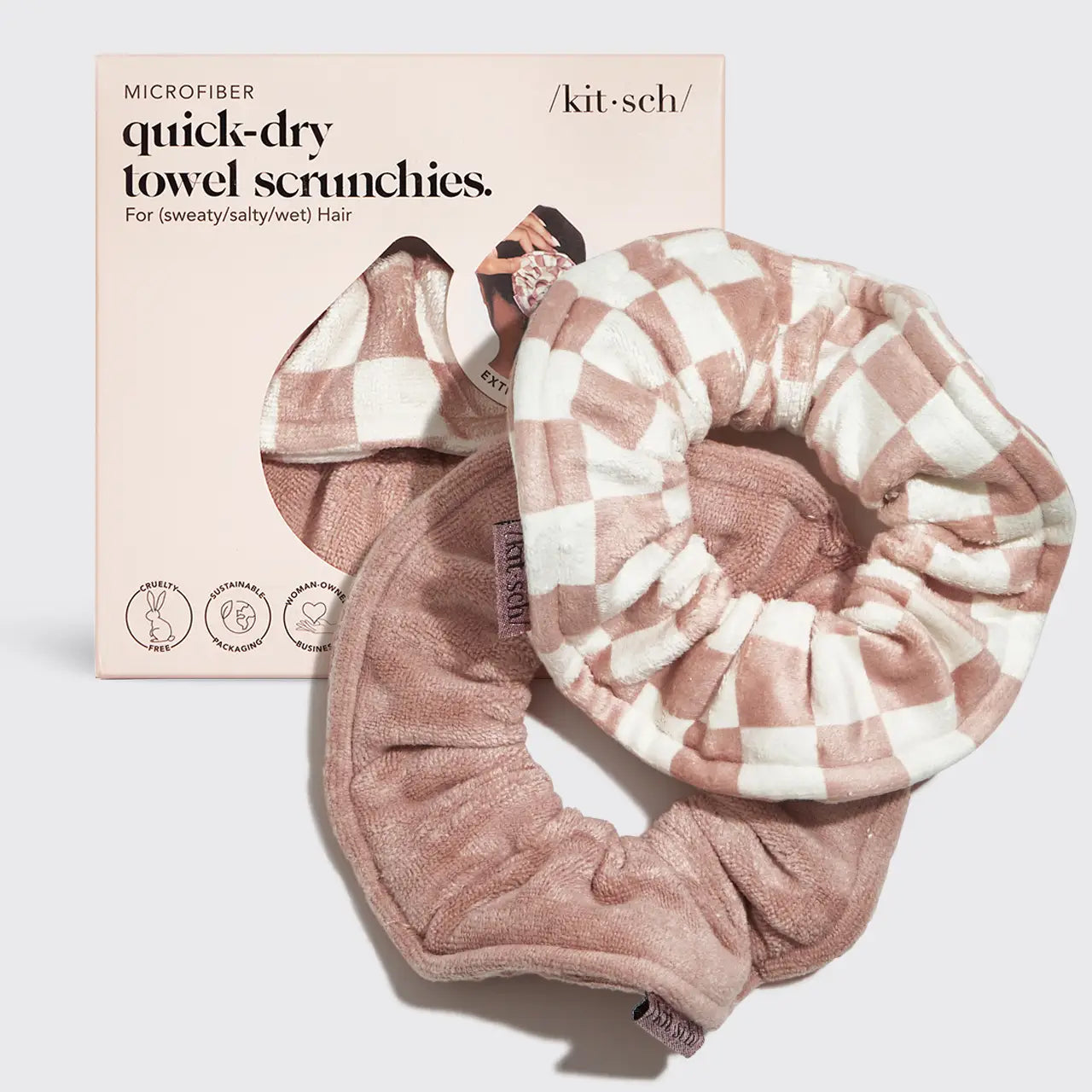 KITSCH Microfiber Quick-Dry Towel Scrunchie 2PC- Terracotta Checker