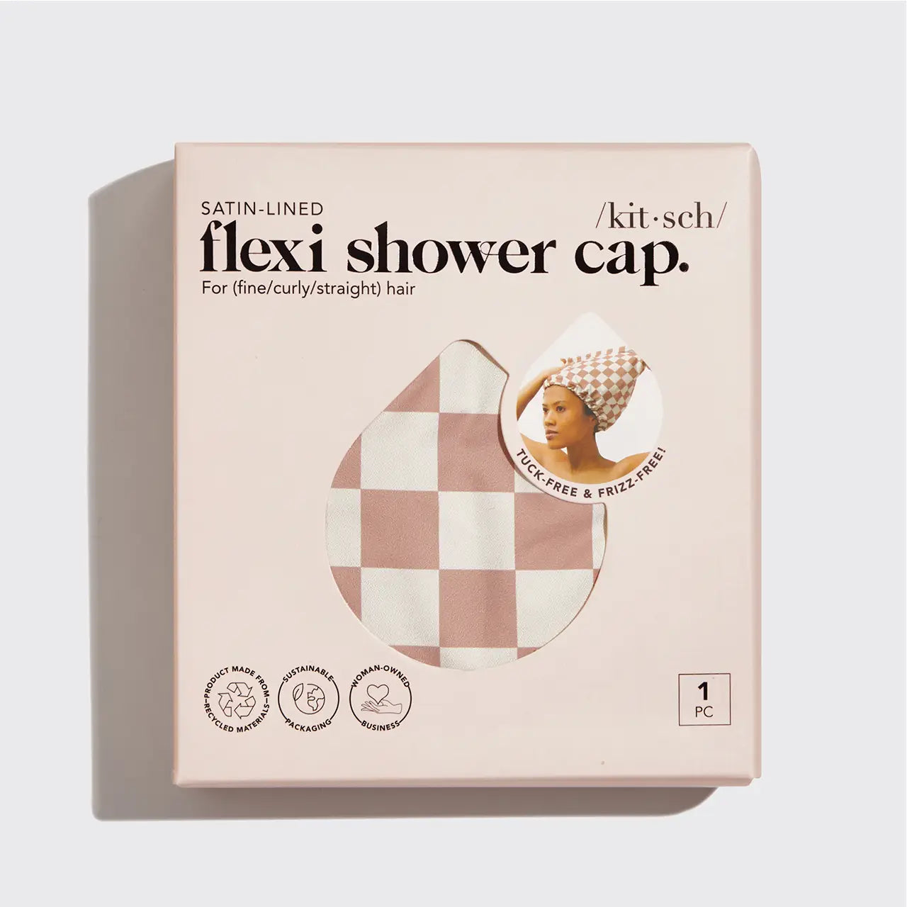 KITSCH Satin Lined Flexi Shower Cap - Terracotta Checker