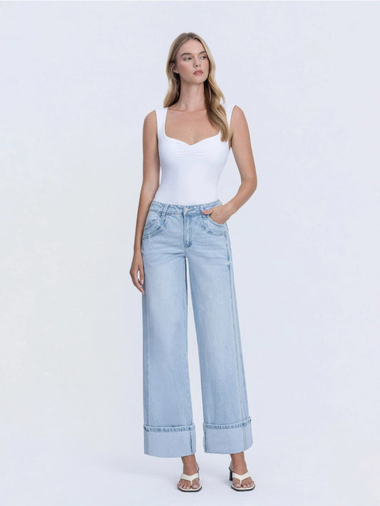 VERVET by FLYING MONKEY Super High Rise Light Wash Cuffed Baggy Wide Jeans