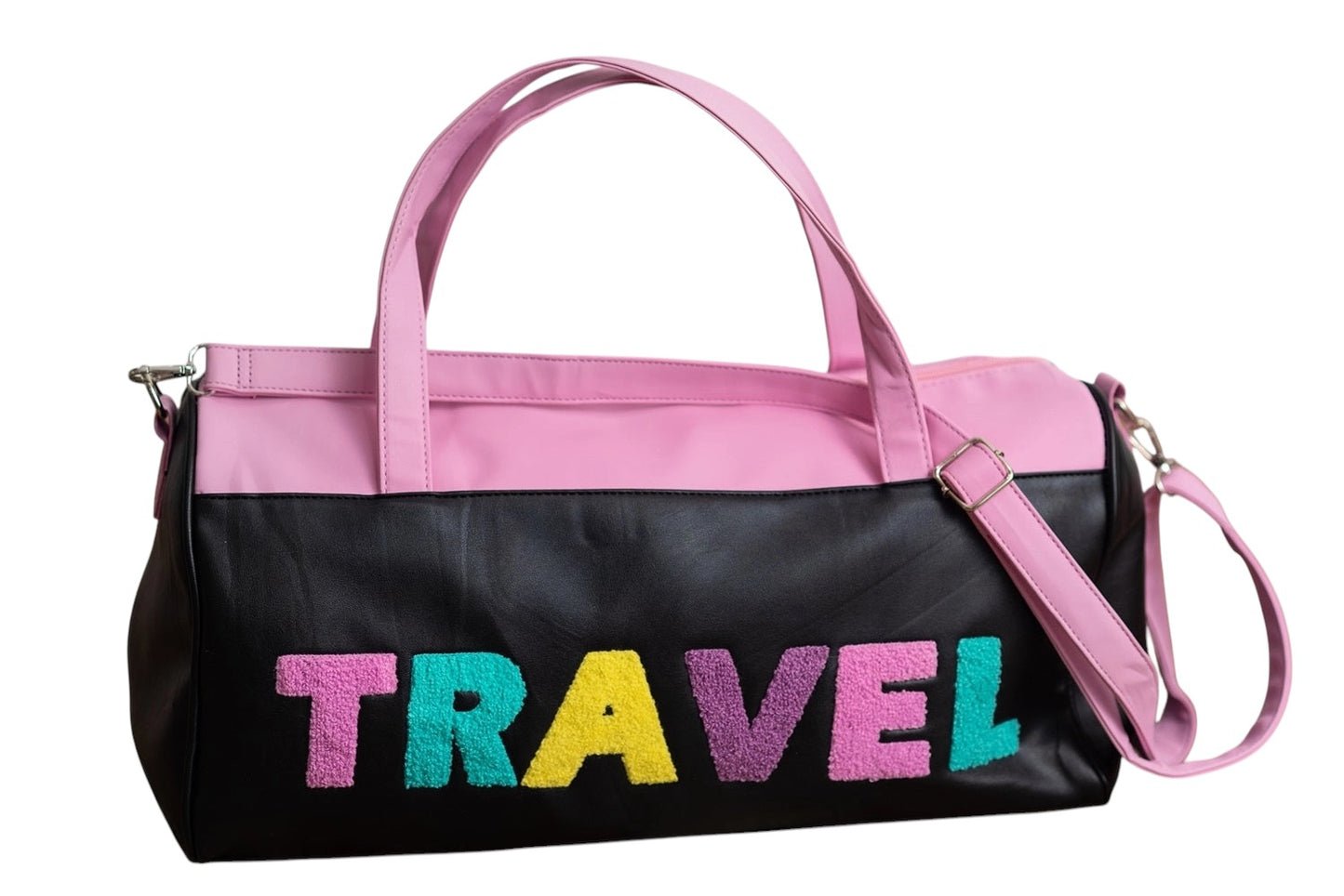 Kids Pink & Black Fuzzy Letter Weekender Travel Bag