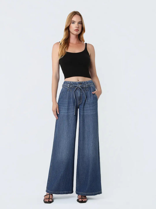 Super High Rise Waist Tie Long Wide Jeans W Pleats