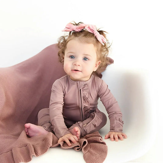 Gigi and Max Mauve Ruffle Zip Bamboo Keepsake Two Way Zipper Baby Outfit