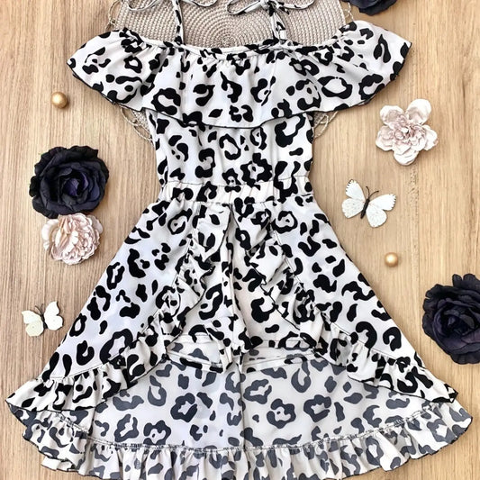 Leopard Print Cold Shoulder Romper Dress w/ Ruffle Detail