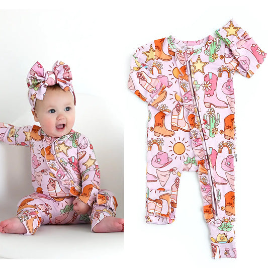 Gigi and Max Lainey Pink Western Ruffle Zip Bamboo Baby Sleepies Little