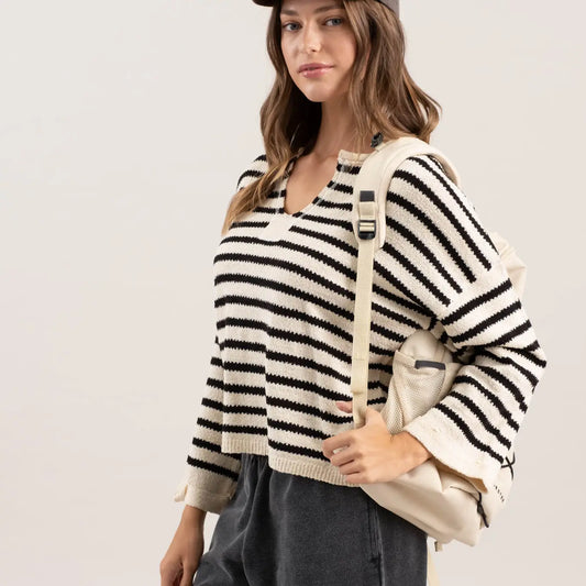 Stripe Split Neck Long Sleeve Knit Sweater