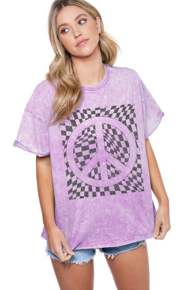 Checkered Peace Graphic S/S Mineral Washed Tee In Lavender