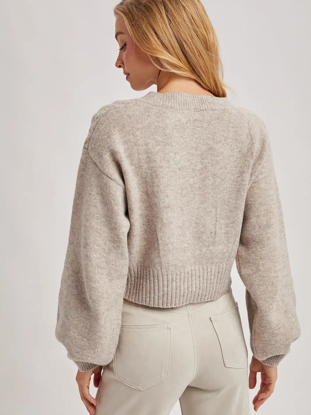 Cropped V-Neck Cable Knit Sweater