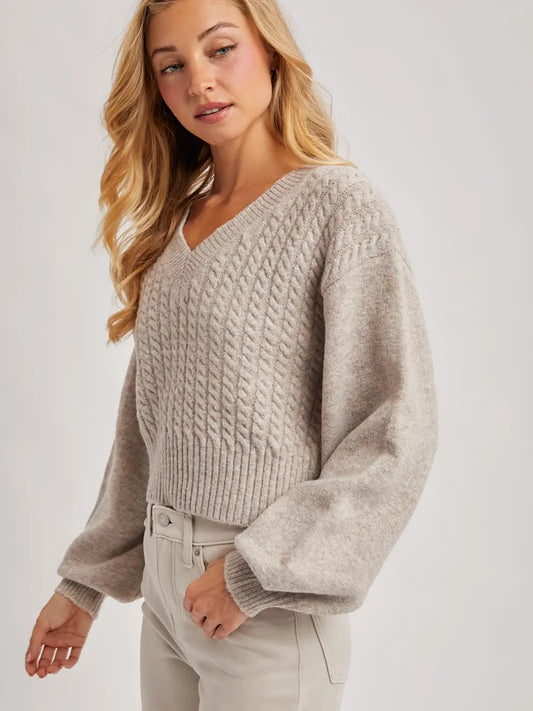 Cropped V-Neck Cable Knit Sweater