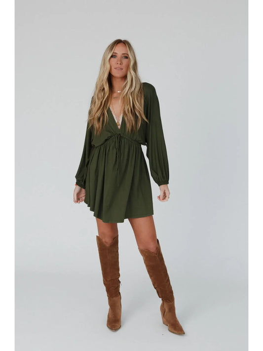 Three Bird Nest Sweet Vacay Long Sleeve Dress - Super Olive