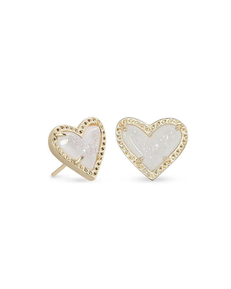 KENDRA SCOTT Ari Heart Gold Stud Earrings in Iridescent Drusy