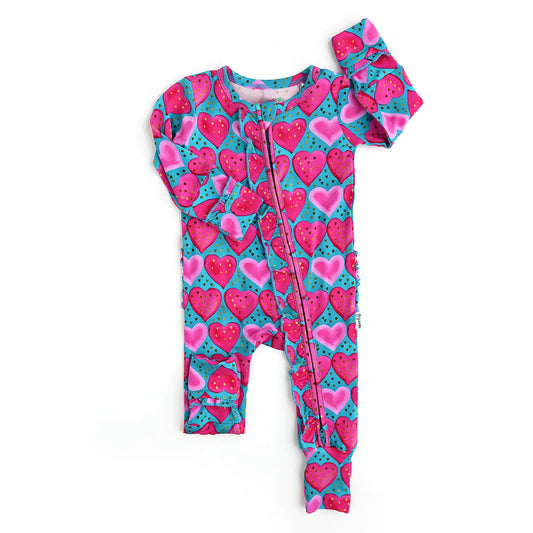 Alaina Heart Ruffle Zip Heart Bamboo Baby Outfit Valentine's