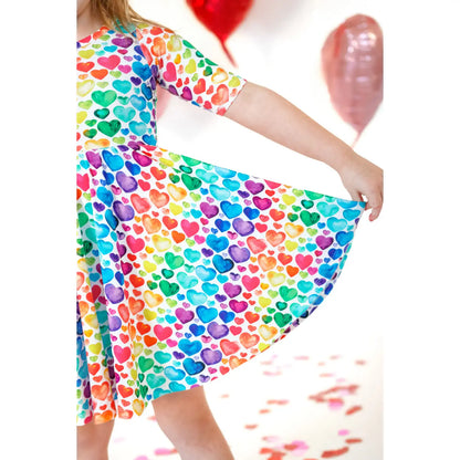 Mid Sleeve Twirl Dress- Rainbow Hearts