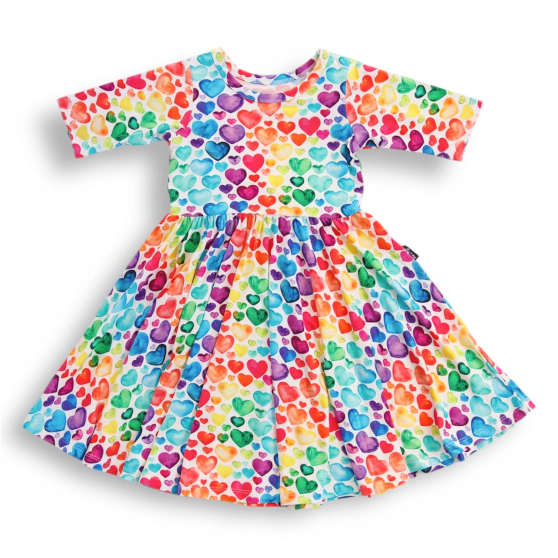 Mid Sleeve Twirl Dress- Rainbow Hearts