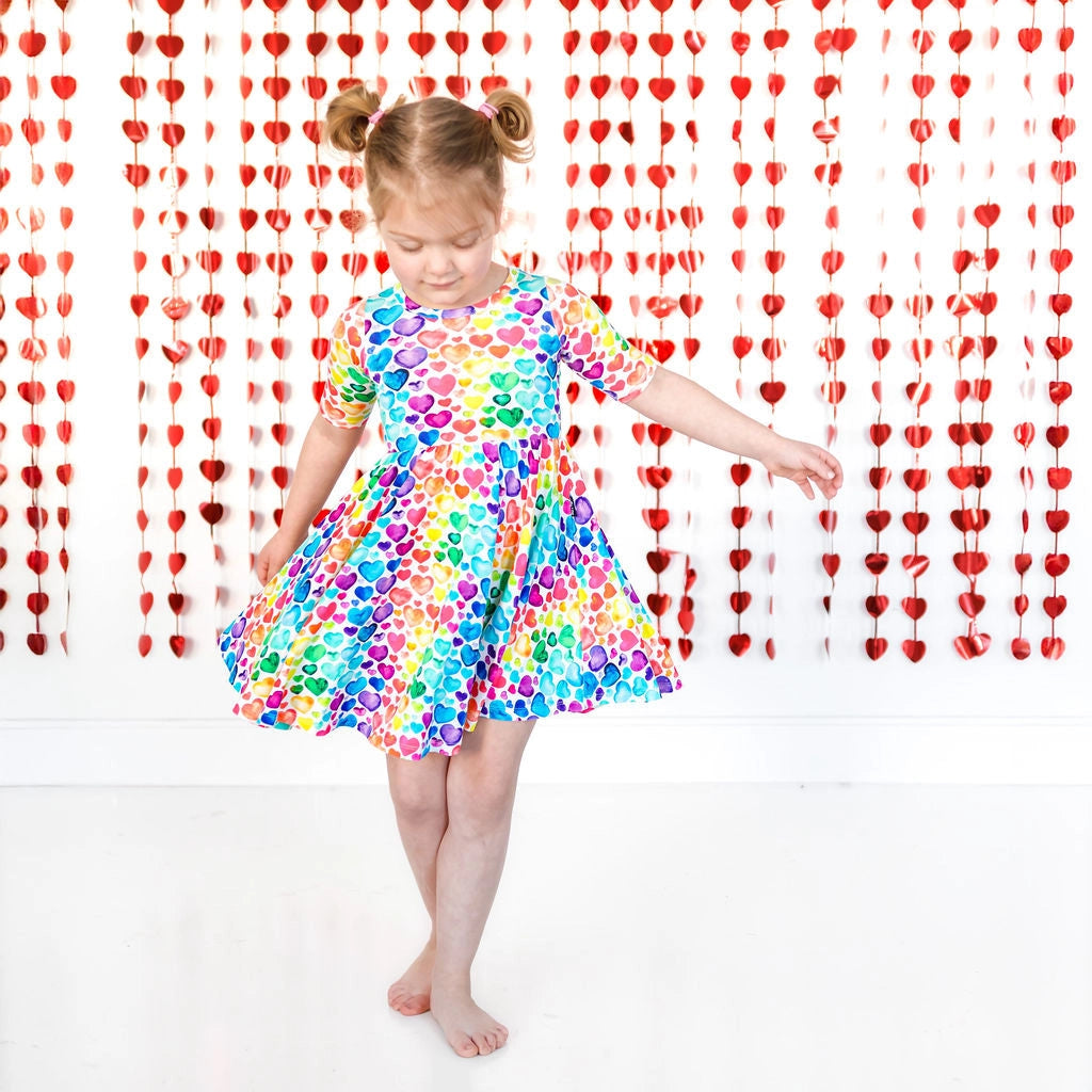 Mid Sleeve Twirl Dress- Rainbow Hearts