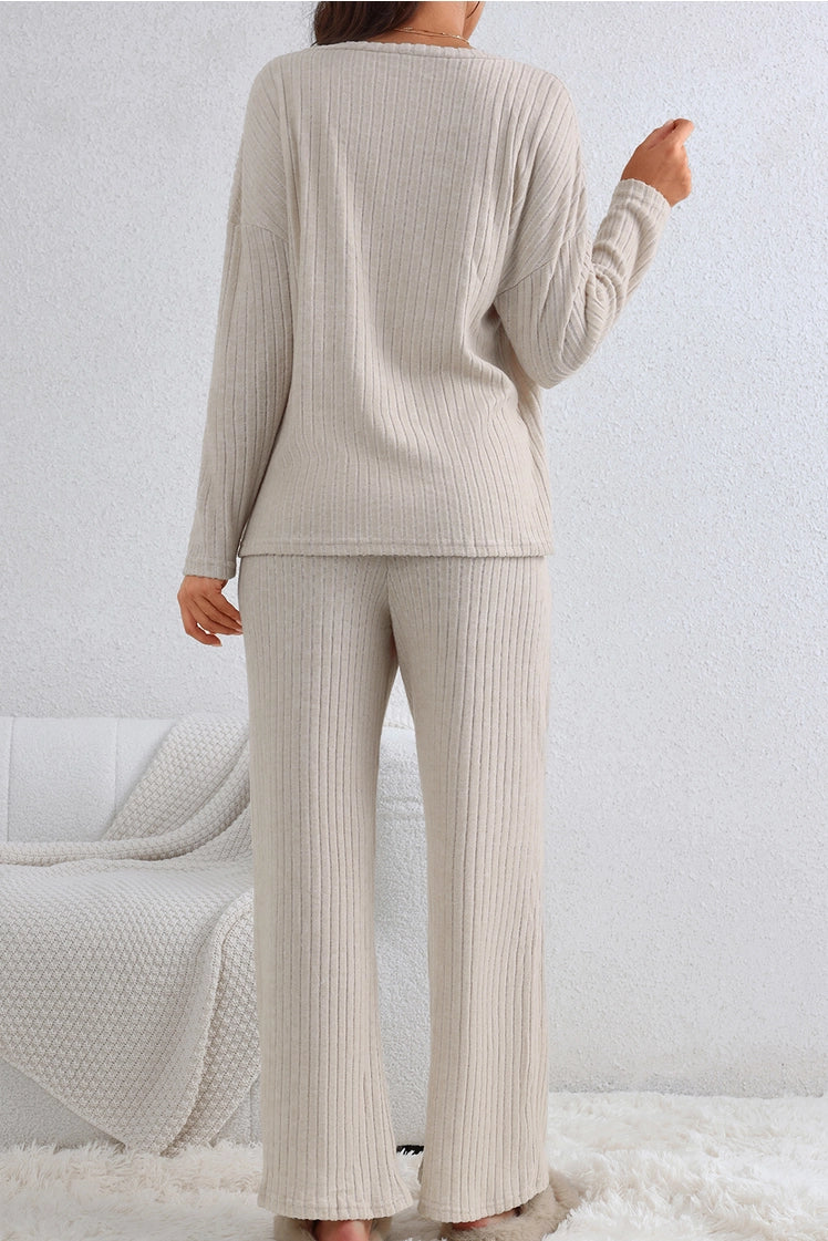 Ribbed Knit V Neck Slouchy Two-Piece Lounge Set Outfit