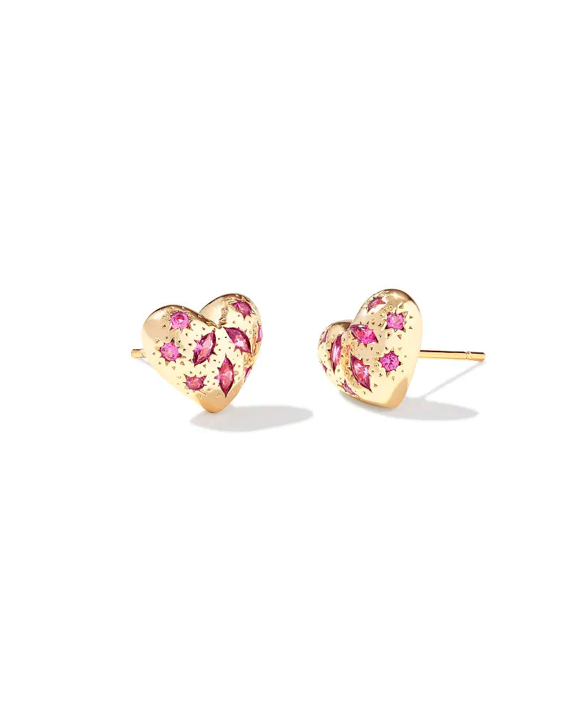 KENDRA SCOTT Holland Gold Heart Stud Earrings in Pink Crystal