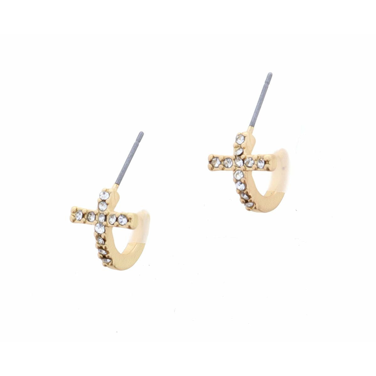 CLEAR CRYSTAL EMBEDDED CROSS HUGGIE EARRING