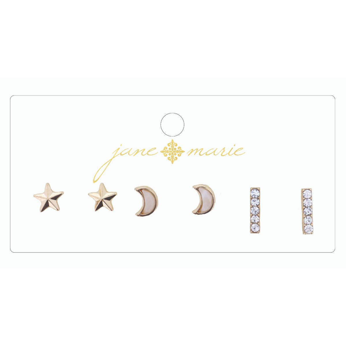 3 STUD, IVORY MOON, RHINESTONE BAR, AND STAR EARRING