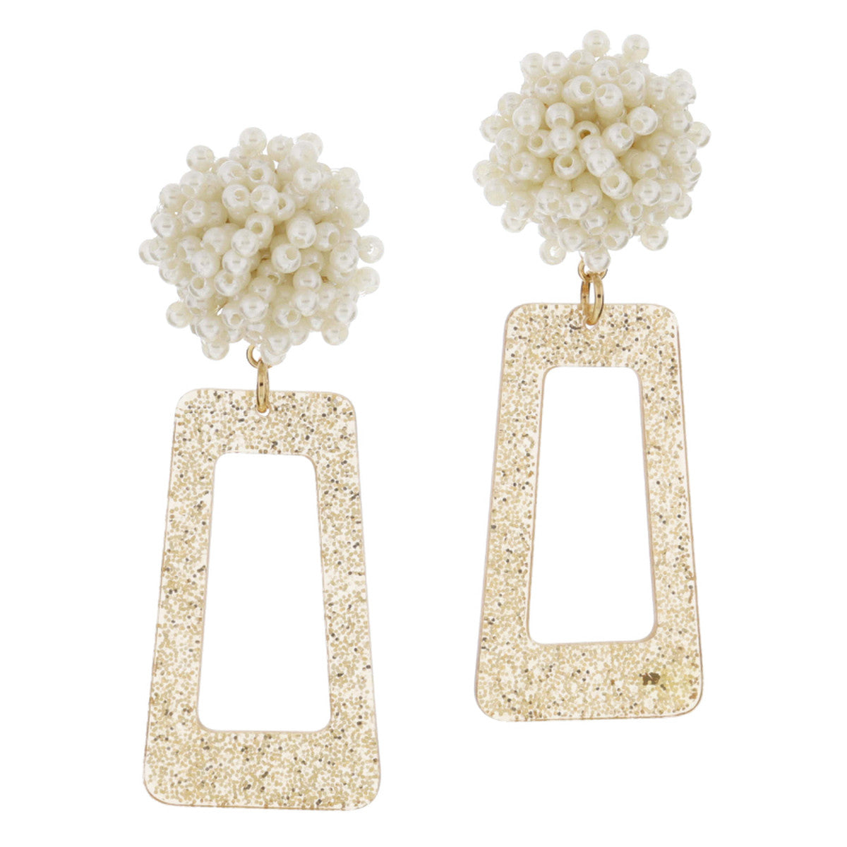MINI PEARL POM POST WITH ROSE GOLD GLITTER RESIN OPEN TRAPEZOID EARRINGS