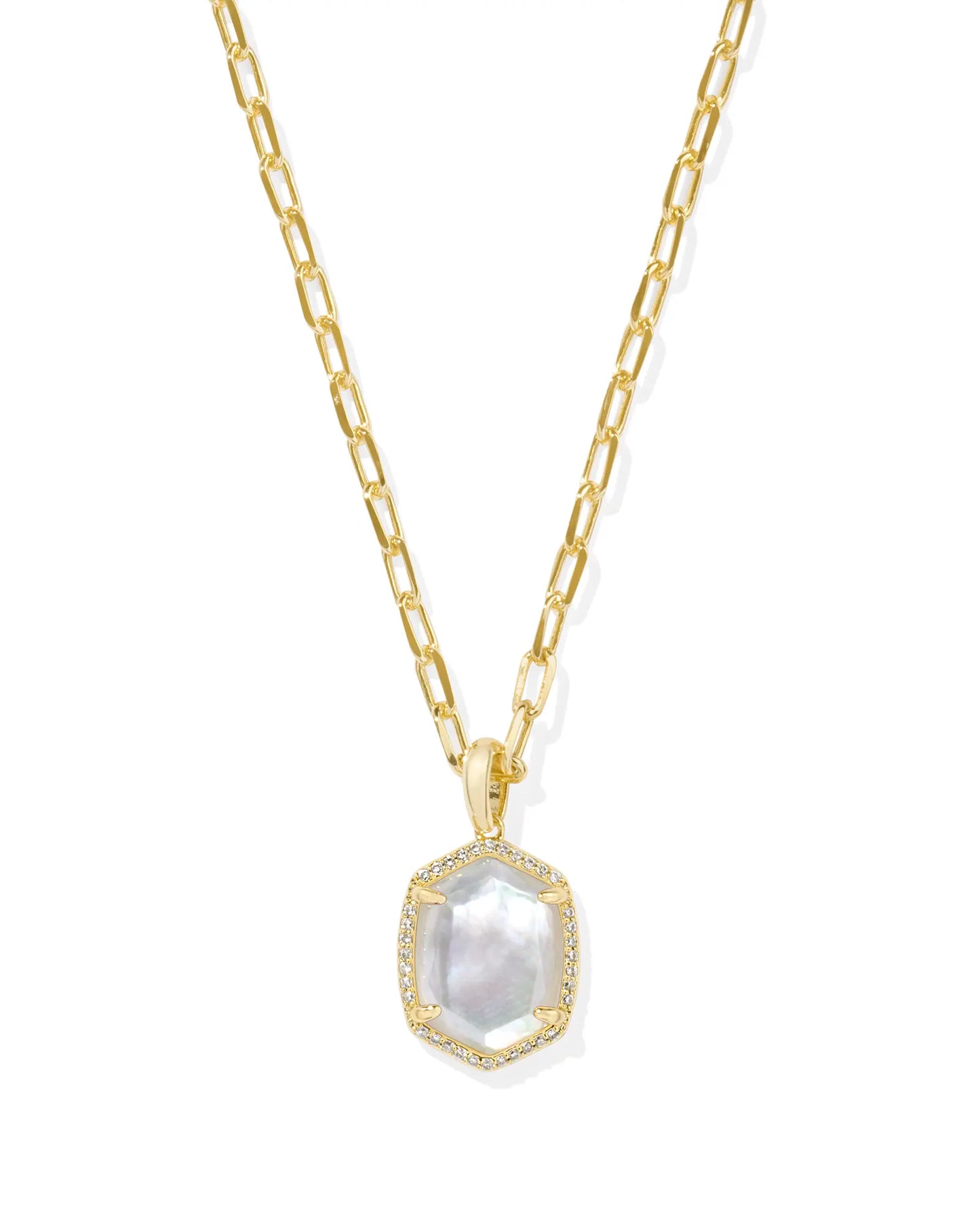 KENDRA SCOTT Daphne Gold Pave Frame Short Pendant Necklace in Iridescent Ivory Illusion