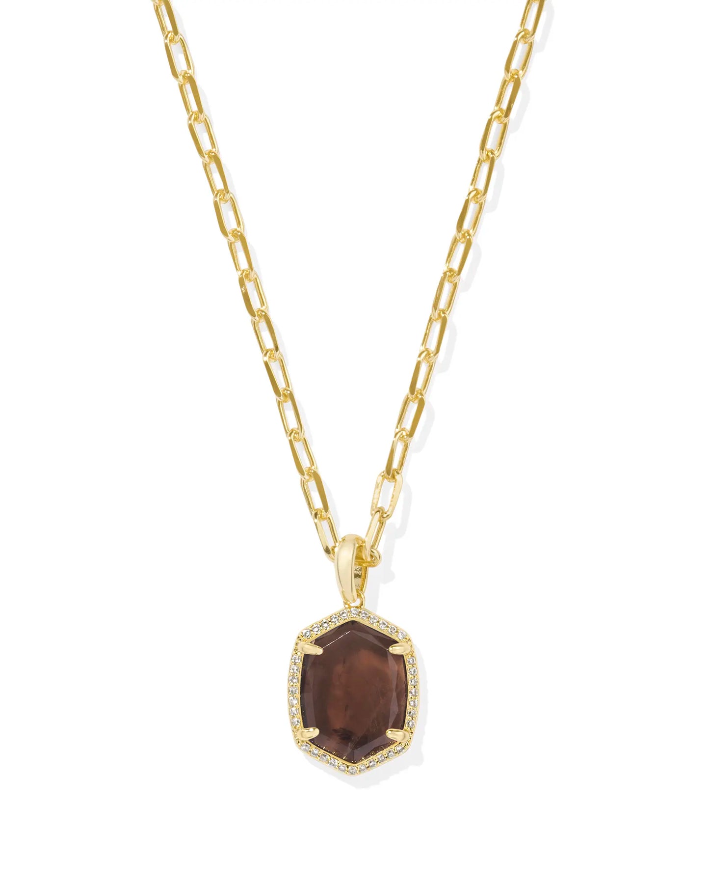 KENDRA SCOTT Daphne Gold Pave Frame Short Pendant Necklace in Smoky Quartz